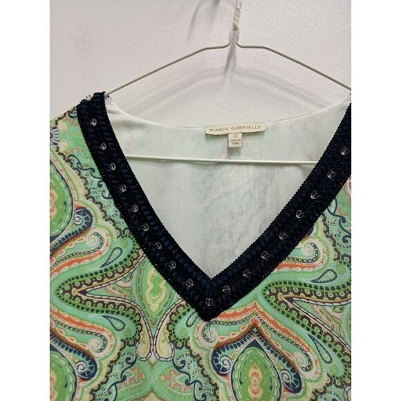 Maria Gabrielle Womens BOHO Tunic Top Size 1X Green Paisley Chiffon Sharkbite - Picture 3 of 9